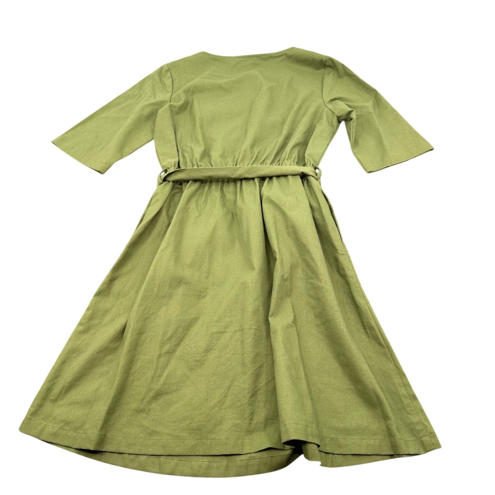 Hannah Canvas Linen Flare Dress Medium Belted Midi Olive Green Modern Casual — image 8 of 8